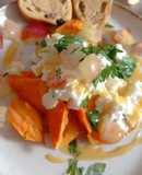 Batatas/Boniatos en mostaza & miel, con mozzarella, uva y perejil