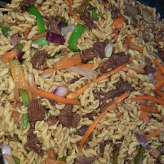 A picture of Stir fried beef pasta.