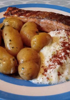 A picture of Griddled Salmon with Jersey Royals in Minted Butter & Tzatziki.