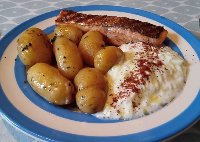 Griddled Salmon with Jersey Royals in Minted Butter & Tzatziki