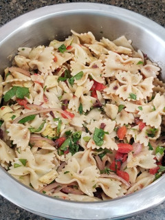 A picture of Roasted Red Pepper, Artichoke and Olive Pasta Salad.