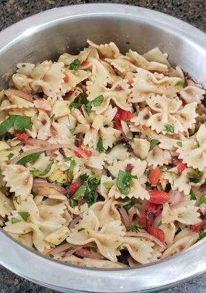 A picture of Roasted Red Pepper, Artichoke and Olive Pasta Salad.