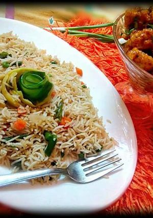 A picture of Gobhi Manchurian with Veg Fried Rice.