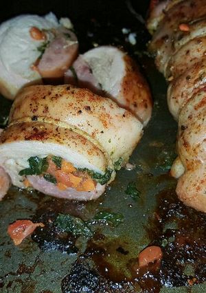 A picture of Polish Sausage and Veggie Stuffed Herbed Chicken.