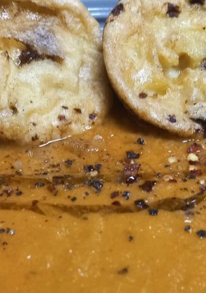 A picture of Oven Roasted Tomato Garlic Saffron Soup.