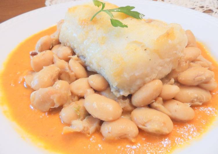 Bacalao con salsa vizcaína y judias gigantes