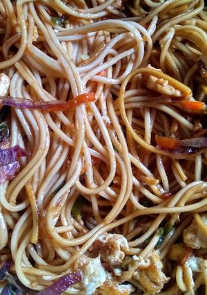 A picture of Chowmin with mix veg,paneer and egg.