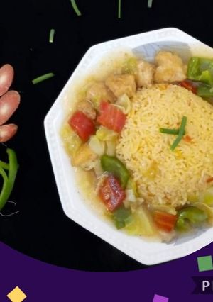 A picture of Fried rice with chicken chilli.