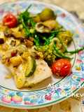 White fish with vegetable, mushroom and samphire sauce