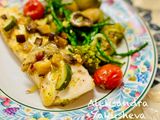 White fish with vegetable, mushroom and samphire sauce
