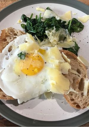 A picture of Fried Egg & Spinach on Toast.