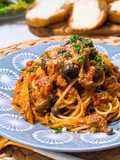 Mackerel and Mushroom Tomato Sauce Pasta