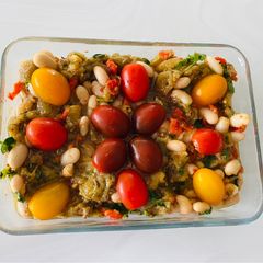 A picture of Aubergine and cannellini bean salad.
