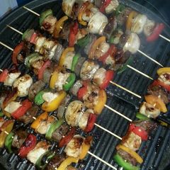 A picture of Marinated Chicken and Beef Kabobs.