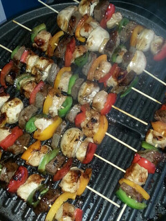 A picture of Marinated Chicken and Beef Kabobs.