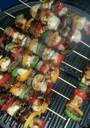 A picture of Marinated Chicken and Beef Kabobs.