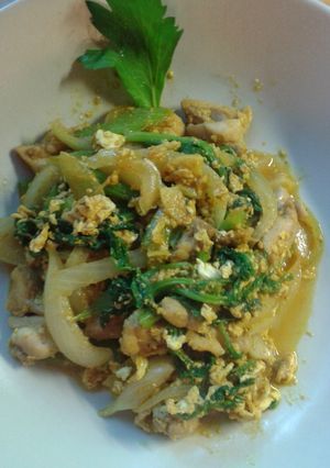 A picture of Kai pad pong karrie or stir fry chicken in curry powder.