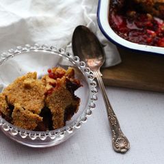 A picture of Plum and rosewater crumble with almonds.