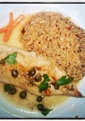 A picture of Chicken Piccata and Quinoa.
