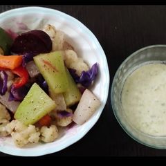 A picture of Steamed veggies, Yogurt dip.
