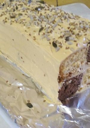 A picture of Chocolate Vanilla Blocks Cake with Caramel Butter Cream.