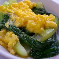 A picture of Bok Choy with Fluffy Creamy Scrambled Egg and Ankake Sauce.
