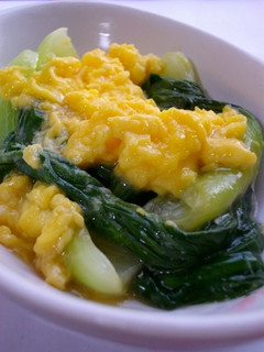 A picture of Bok Choy with Fluffy Creamy Scrambled Egg and Ankake Sauce.