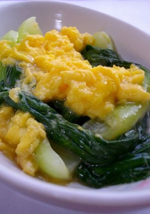 A picture of Bok Choy with Fluffy Creamy Scrambled Egg and Ankake Sauce.