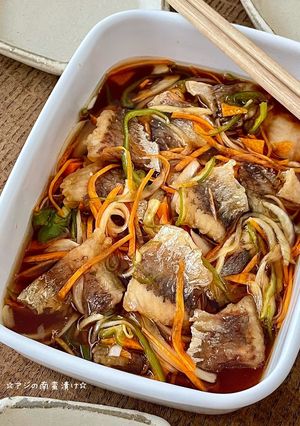 A picture of Aji Nanbanzuke (Marinated Fried Horse Mackerel).