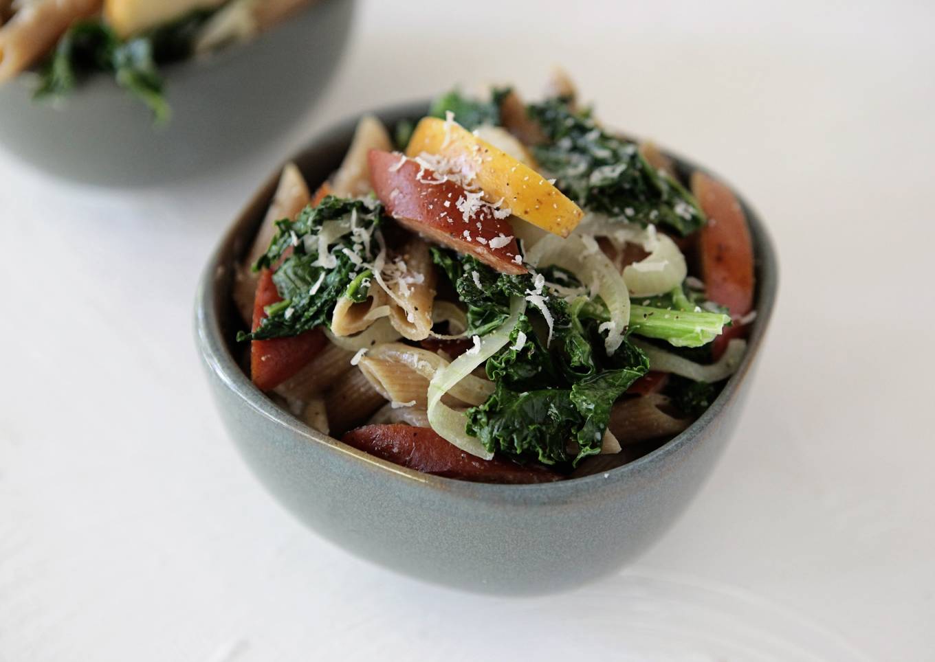 Spotted Trotter Sausage, Crisp Apple and Kale Pasta in Cream Sauce