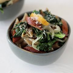 A picture of Spotted Trotter Sausage, Crisp Apple and Kale Pasta in Cream Sauce.