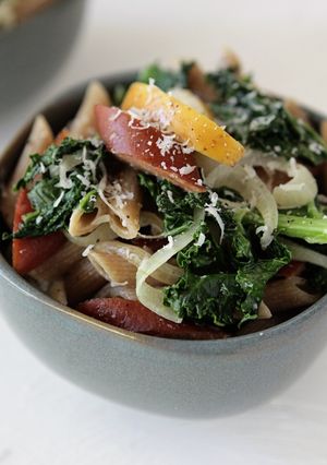 A picture of Spotted Trotter Sausage, Crisp Apple and Kale Pasta in Cream Sauce.