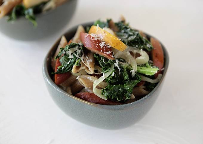 Spotted Trotter Sausage, Crisp Apple and Kale Pasta in Cream Sauce
