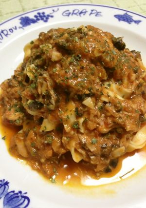 A picture of Tuna Puttanesca with Fresh Tagliatelle.