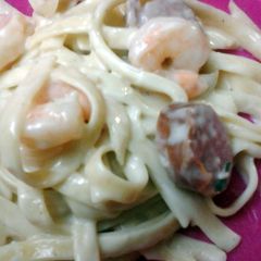 Sausage and shrimp fettuccine alfredo A picture of Sausage and shrimp fettuccine alfredo.