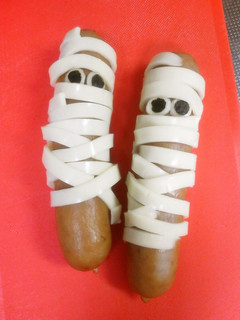 A picture of Mummy Sausages for Halloween Bento.