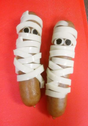 A picture of Mummy Sausages for Halloween Bento.