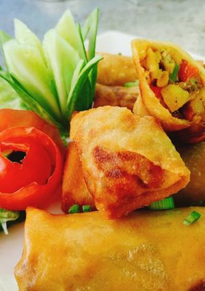 A picture of Fried Spring Rolls with Curried Chicken Filling.
