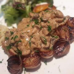 A picture of Grilled Pork Loin with Mushroom Sauce.