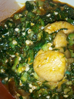 A picture of Okro Soup with Turkey and Sea Foods.
