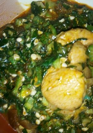 A picture of Okro Soup with Turkey and Sea Foods.
