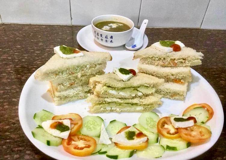 Recipe of Quick Bombay Veg Paneer Sandwich With Spinach Soup