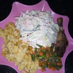 A picture of Salad + stir fried veggies + fried eggs + grilled chicken.