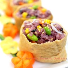 Seven Colored Inari Sushi with Black Rice A picture of Seven Colored Inari Sushi with Black Rice.