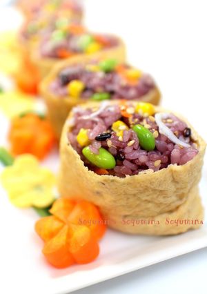 A picture of Seven Colored Inari Sushi with Black Rice.