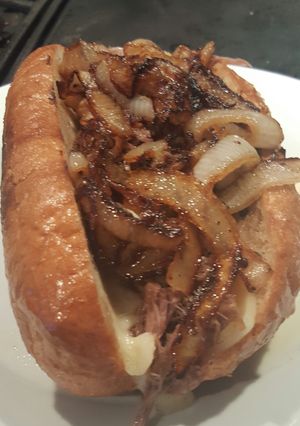 A picture of French dip sandwich.