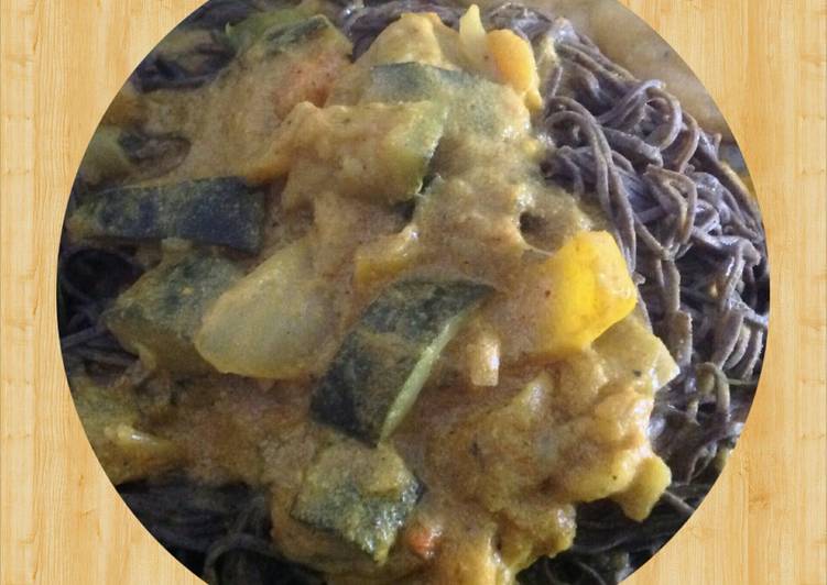 Tasty And Delicious of Veggie Curry over Black Bean Spaghetti