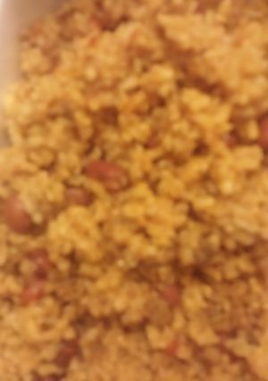 A picture of Dirty Rice and Red Beans.