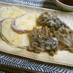 A picture of Egg-Free Tempura Batter with Vinegar Recipe 1: Sweet Potato and Maitake Mushrooms.