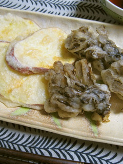 A picture of Egg-Free Tempura Batter with Vinegar Recipe 1: Sweet Potato and Maitake Mushrooms.